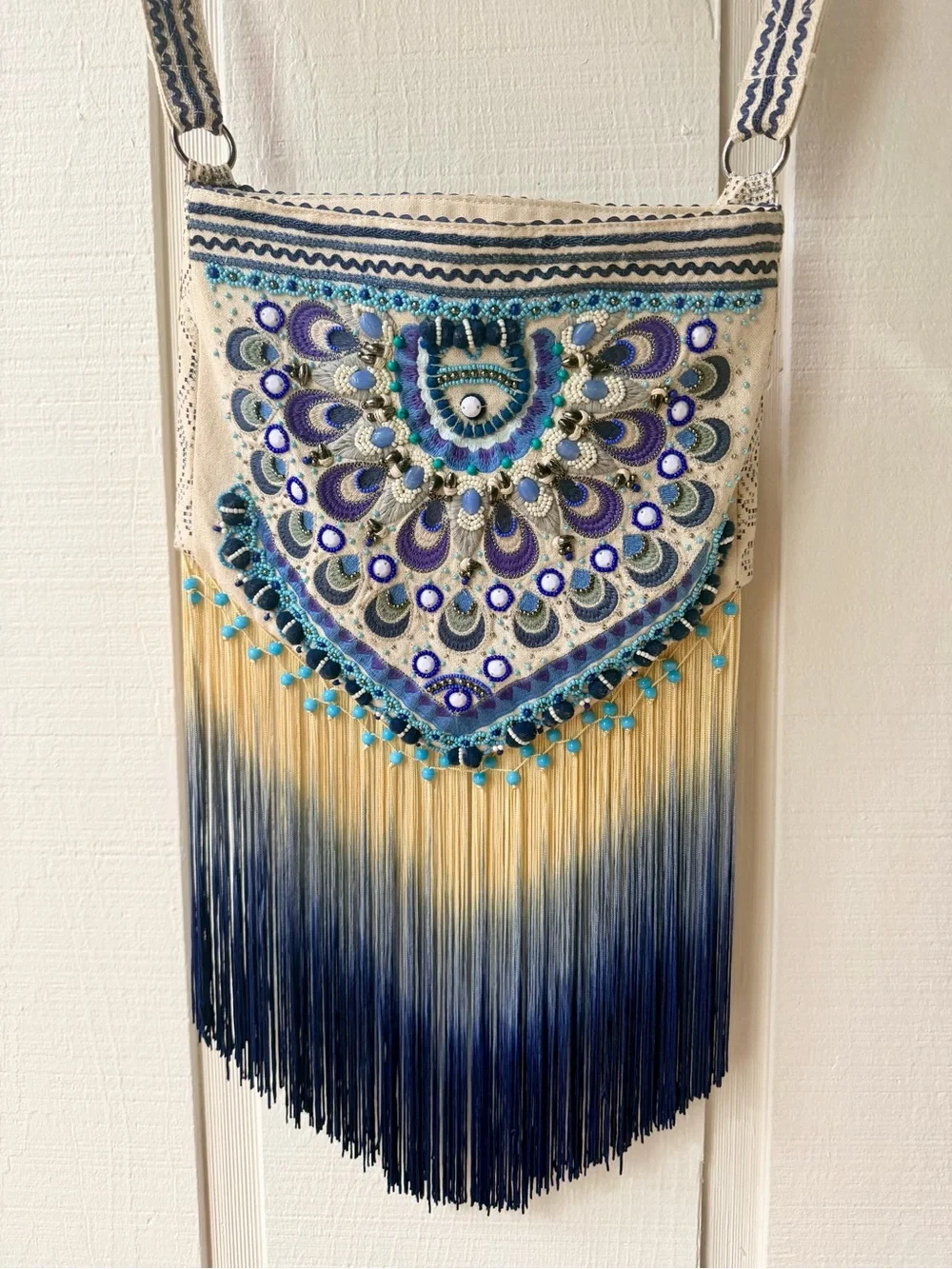 Embroidered Fringe Crossbody Bag in Blue and Cream